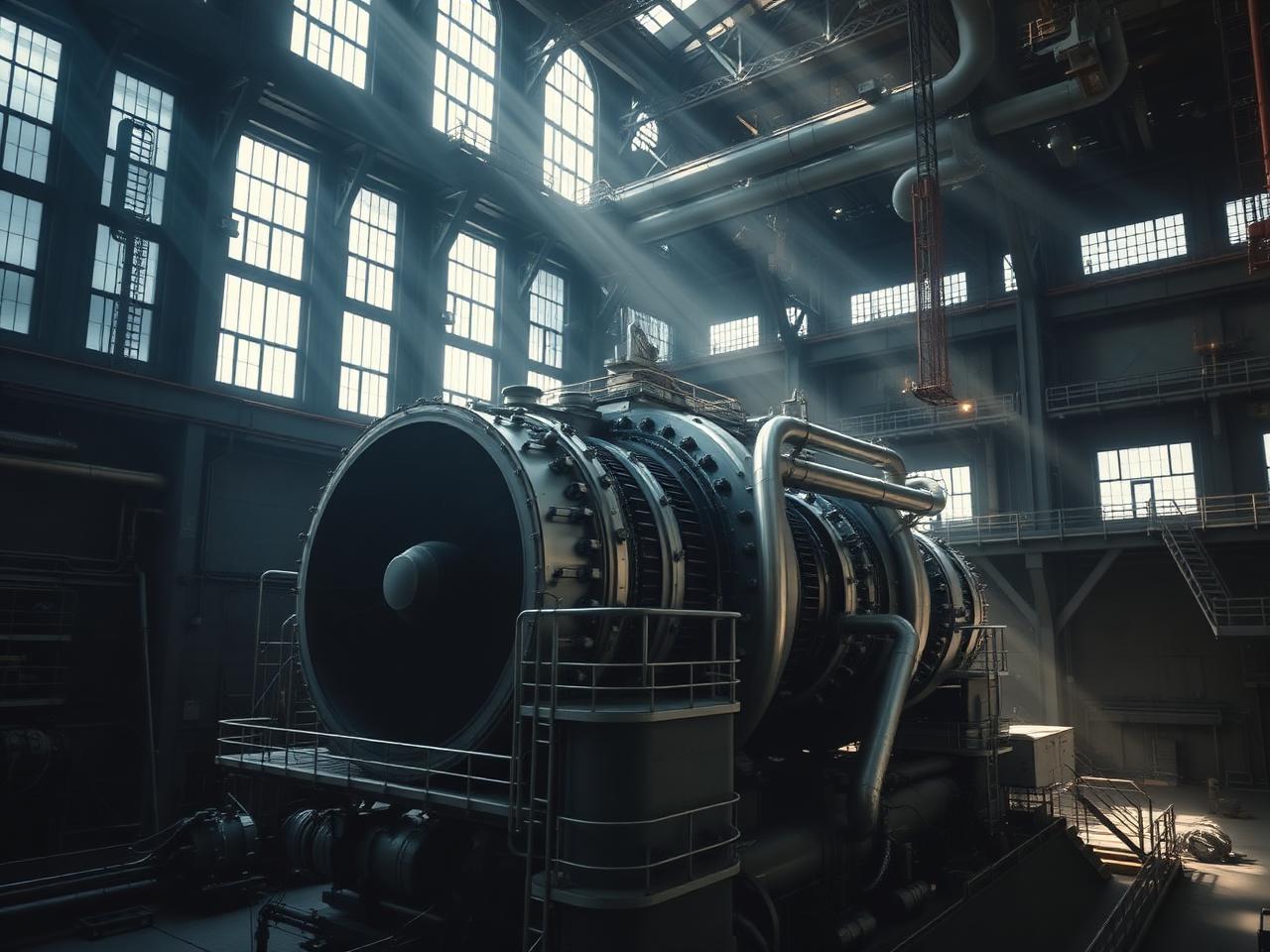 Heavy-duty frame gas turbine inside a vast power plant turbine hall