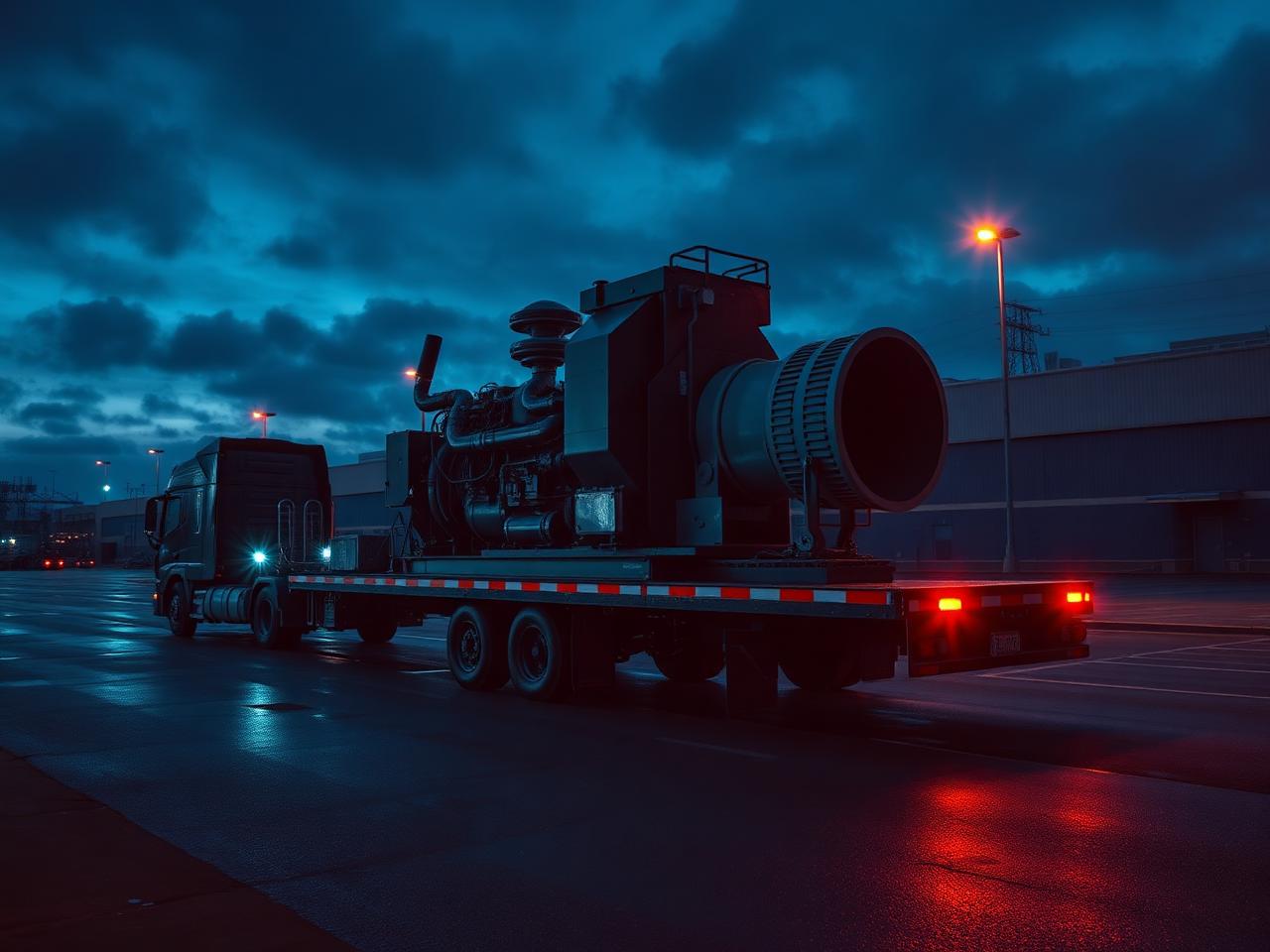Trailer-mounted mobile aeroderivative turbine generation unit at dusk
